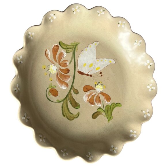 Vtg 1985 PIE PLATE Stoneware Signed Handpainted Ruffled Fluted Oven Safe Floral - Picture 6 of 14